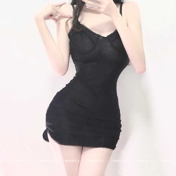 

womengaga korean women mesh lace transparent crescent breast wrap tank mini dress straps dresses summer s2f1 210603, Black;gray