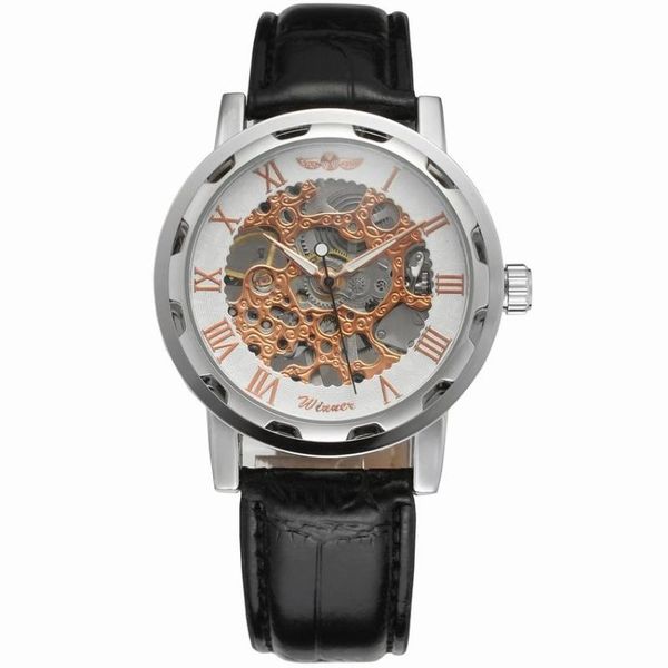 

mechanical watches for men hand-wind steel roman number skeleton wristwatches luminous hands reloj hombre, Slivery;brown