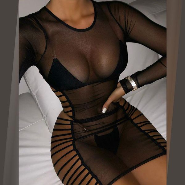 

casual dresses beach bikini cover up mesh see-through dress round collar long sleeve hollow out skinny women's mini club clothes, Black;gray