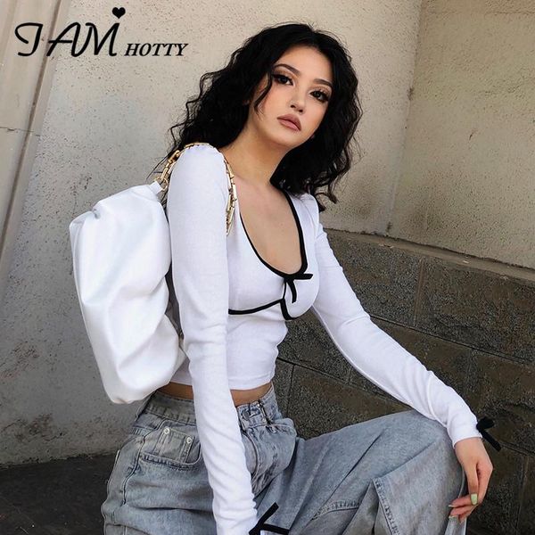 

women's t-shirt iamty bow patchwork solid white t-shirts autumn long sleeve elegant streetwear milkmaid female vintage fitness t