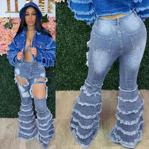 

hollow out ripped flare jeans women fashion slim high waist tassel bellbottoms woman distressed skinny pants women's, Blue