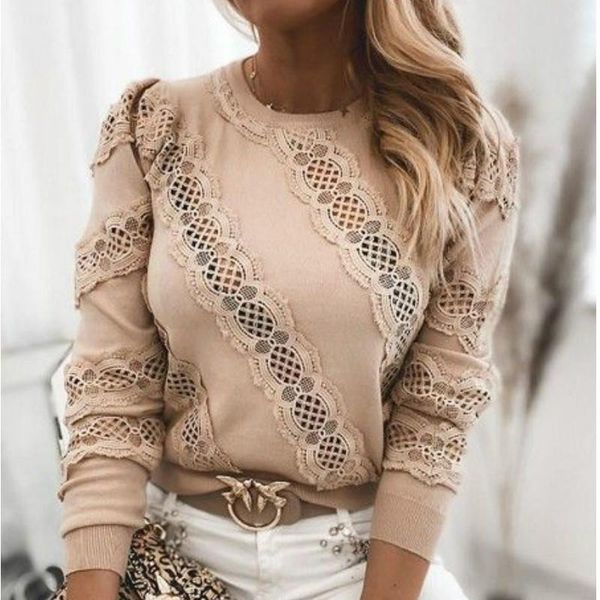 

women's t-shirt hirigin spring autumn long sleeve lace pullovers fashion casual streetwear outfits khaki plus size s-2xl, White