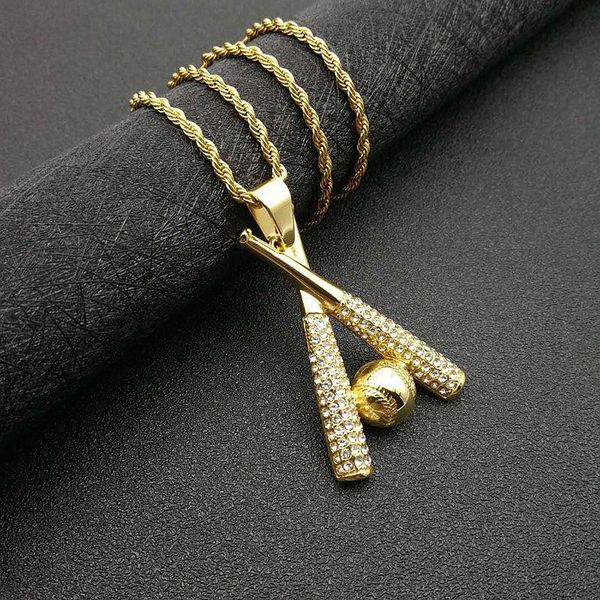 

pendant necklaces hip hop iced out baseball pendants cubic zircon bling gold color stainless steel chain for men rapper jewelry, Silver