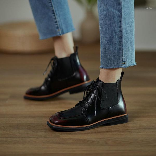 

boots elegant winter 2021 women genuine leather ankle arrival thick heels autumn party working shoes woman1, Black