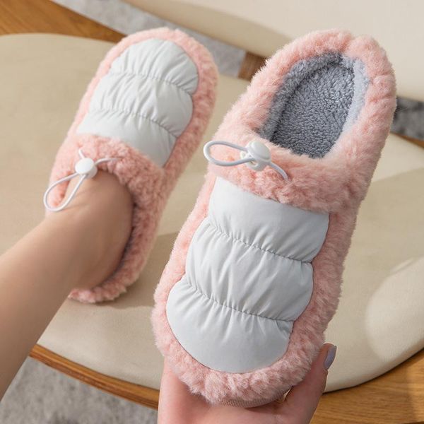 

slippers woman home down women's fur shoes flat heels 2021 winter warm plush household indoor non-slip cute slides, Black