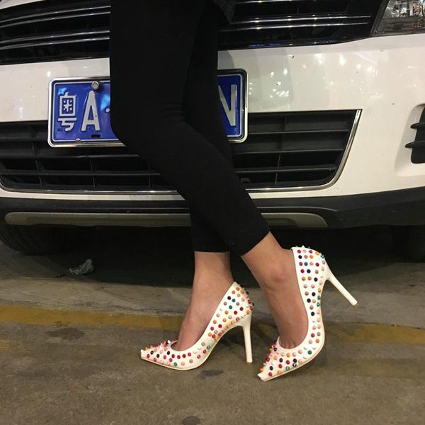

dress shoes luxury design rivet pumps high heels shallow mouth pointed single women plus size red bridal wedding, Black