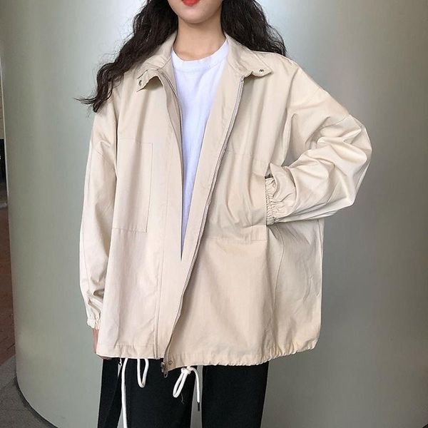 

women's trench coats harajuku korean version loose thin long-sleeved y2k windbreaker sun protection coat solid color retro clothes hood, Tan;black