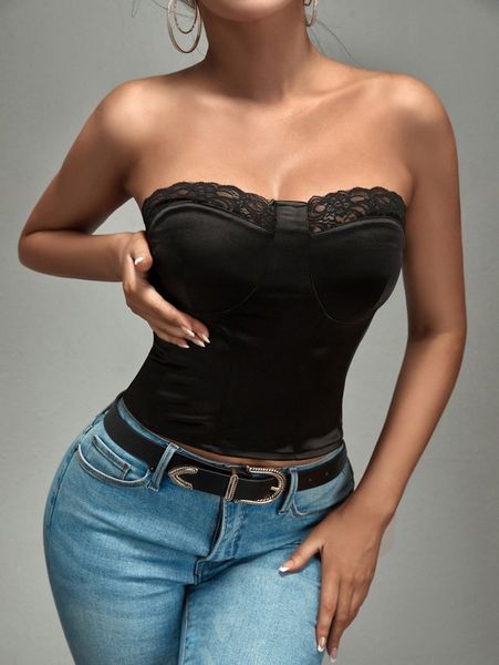 

sxy contrast lace crop tube q8lc#, White