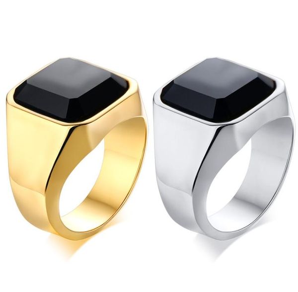 

wedding rings 316l stainless steel ring high polished signet solid biker for men black stone gold silver, Slivery;golden