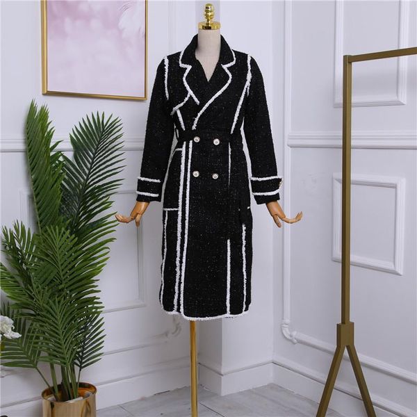 

women's trench coats high street fashion 2021 designer coat color block tweed long overcoat, Tan;black