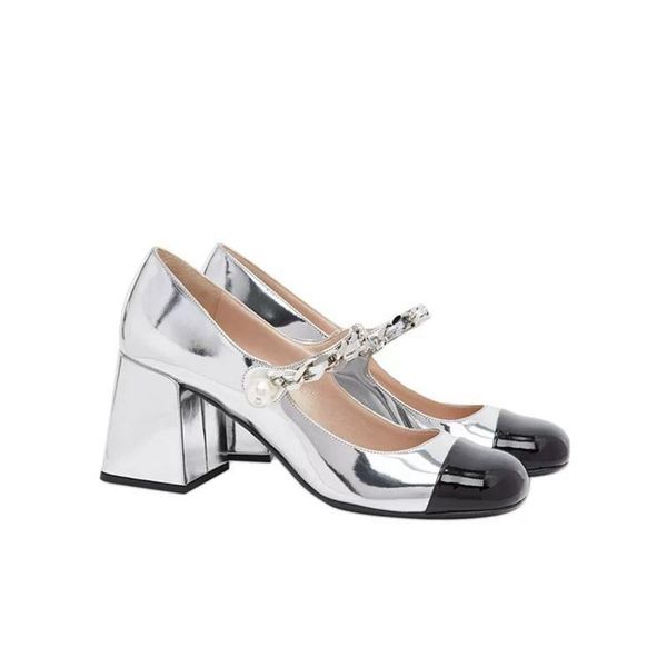 

dress shoes metal chain high heels fashion thick heel mary jane silver big round head word buckle color matching single, Black