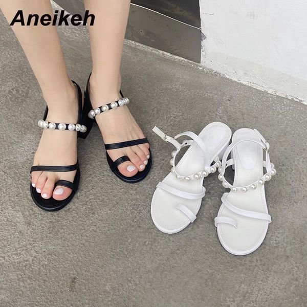 

sandals aneikeh bling square heels gladiator casual thong pumps shoes for women 2021 summer concise shallow buckle strap basic, Black