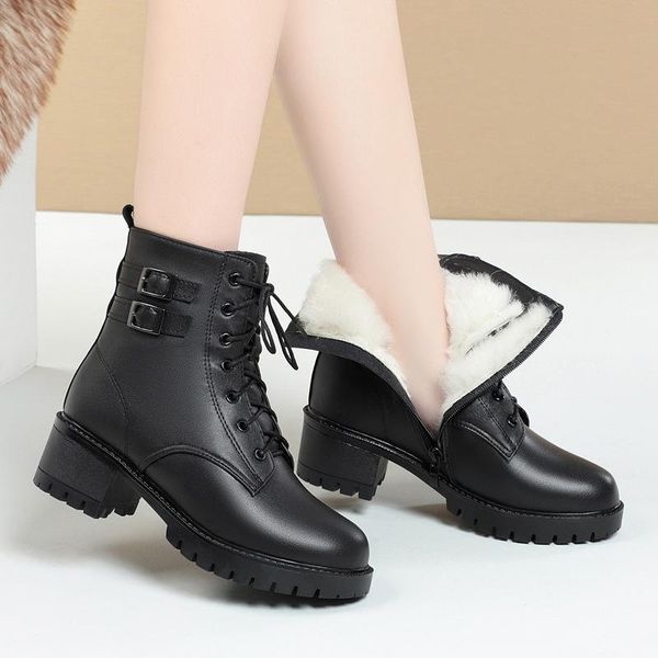 

boots genuine leather for women heels platform shoes woman booties wool ankle female warm black large size 43