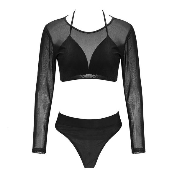 

two piece summer women mesh long sleeve high waist bikini set push swimwear bra+bottom+cover up swimsuit, White;black
