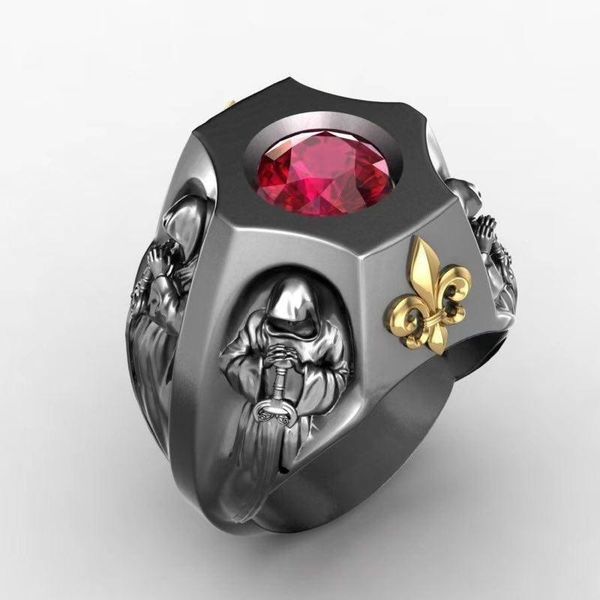 

retro fashion christian red gem ring fashion men's geometric knight catholic casual party ring jewelry, Silver