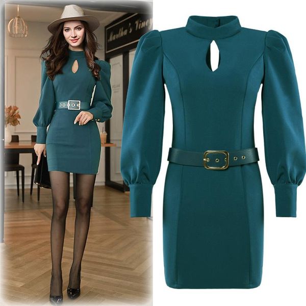 

casual dresses spring autumn women fashion stand collar over hips slim sashes long sleeve solid render dress for one-piece, Black;gray