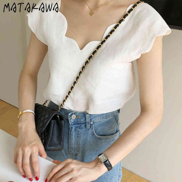 

matakawa korea summer blusas mujer de moda chic v-neck shirt lace design solid color flying sleeve shirt blouse women 210513, White