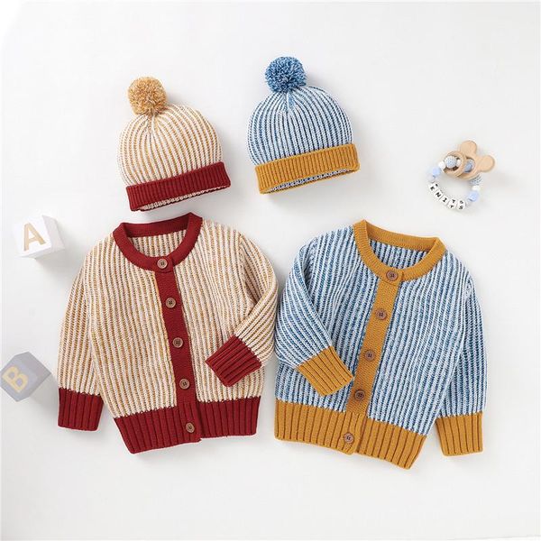 

pullover baby boys girls mixed color sweaters casual warm fall winter coat long sleeve buttons knitted sweater ball caps born kids, Blue