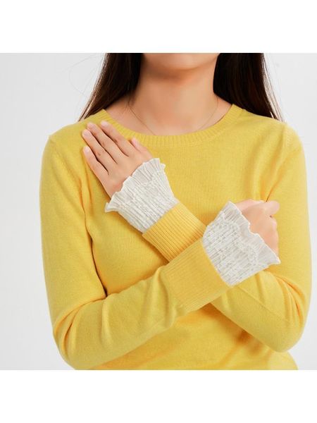 

five fingers gloves women winter double layer horn cuffs bracelet hollow out floral lace wrinkled ruffled fake sleeves sunscreen detachable, Blue;gray
