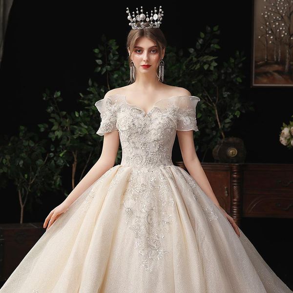 

other wedding dresses floor-length boat neck sequined backless strapless chiffon with beading bridal dress elegant ruffles vestido, White
