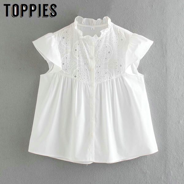 

ies women white hollow out shirt sweet blusas lace sleeveless blouse 210412