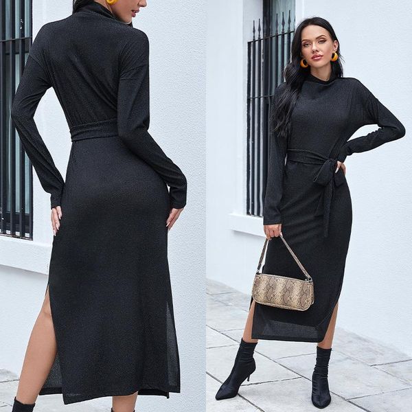 

elegant women stretchy belt long dress autumn sleeve turtleneck split robe maxi casual slim black office ladies dresses, Black;gray