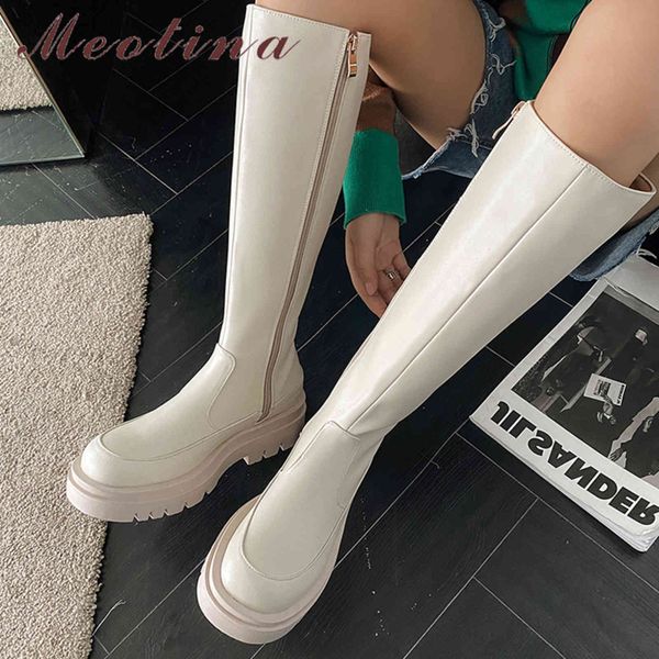 

dress shoes meotina women knee high riding boots platform flat fashion round toe zipper ladies long autumn winter 33-43 beige hl9c, Black