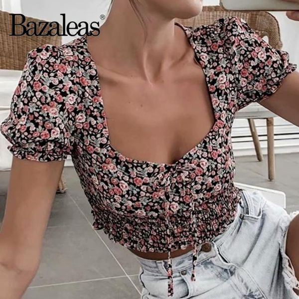 

women's blouses & shirts bazaleas vintage color floral print cropped women blouse fashion square collar harajuku bow shirt, White