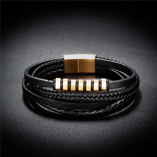 

charm bracelets vintage genuine leather bracelet stainless steel magnet buckle for men jewelry classic multi-layer rope, Golden;silver