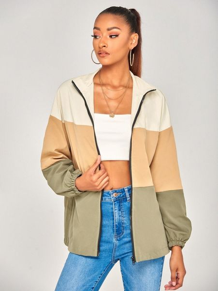 

tall colorblock zip up drawstring hem windbreaker jacket c5zp#, Black;brown