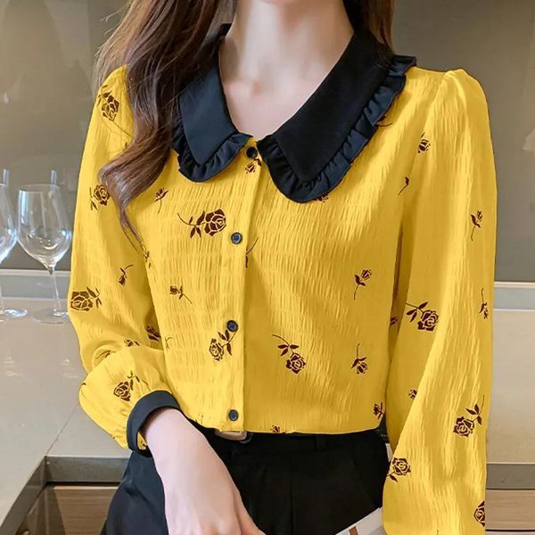 

women's blouses & shirts doll collar chiffon shirt long-sleeve clothing trendy autumn button up office blouse casual lady floral blusas, White