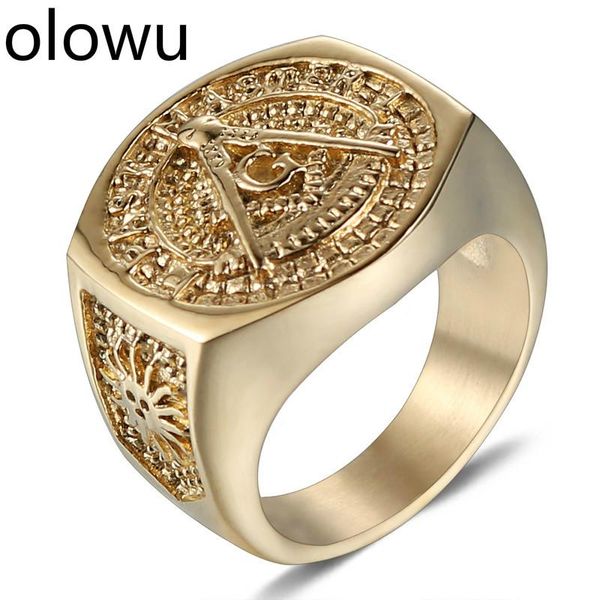 

wedding rings olowu men's vintage masonic ring stainless steel punk mason jewelry band gold casting jewellery ason symbol member, Slivery;golden