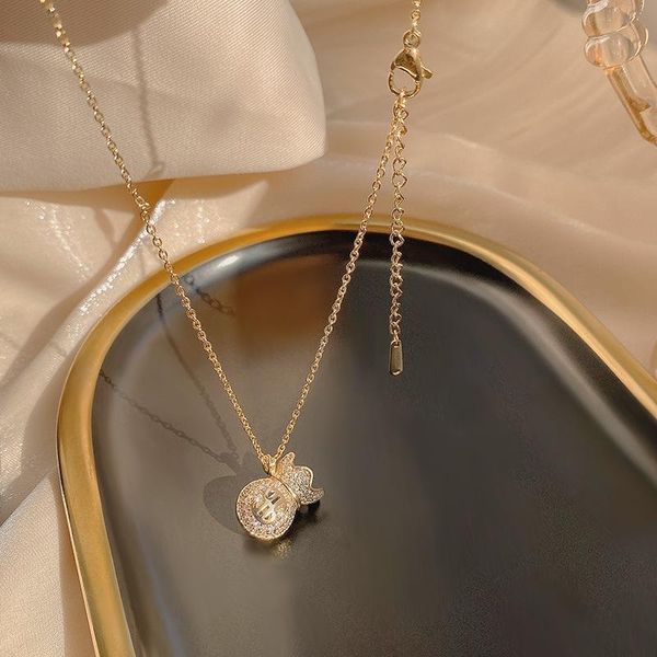 

pendant necklaces cute lucky luck money bag necklace for women girl gold stainless steel chain chocker female zircon jewlery 2021, Silver