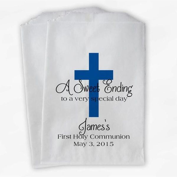 

gift wrap custom first communion favor bags - baptism or religious party royal blue paper treat