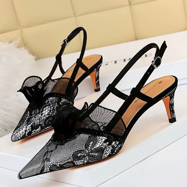 

2021 shoes kitten heels mesh lace woman pumps low heels women party shoes spring woman heels buckle women sandals1, Black