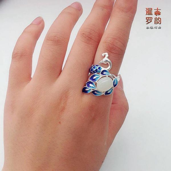 

cluster rings siam ancient rhyme thai silver s925 women's sterling enamel cloisonne peacock natural hetian jade open ring two colors, Golden;silver