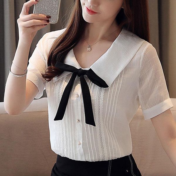 

fashion and blouses 2021 ladies women shirts chiffon blouse shirt short sleeve solid bow white women's &