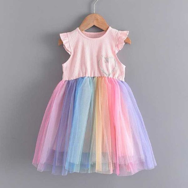 2021 verão criança crianças bebê menina mosca manga retalhos tutu arco-íris princesa vestido uma peças roupas q0716