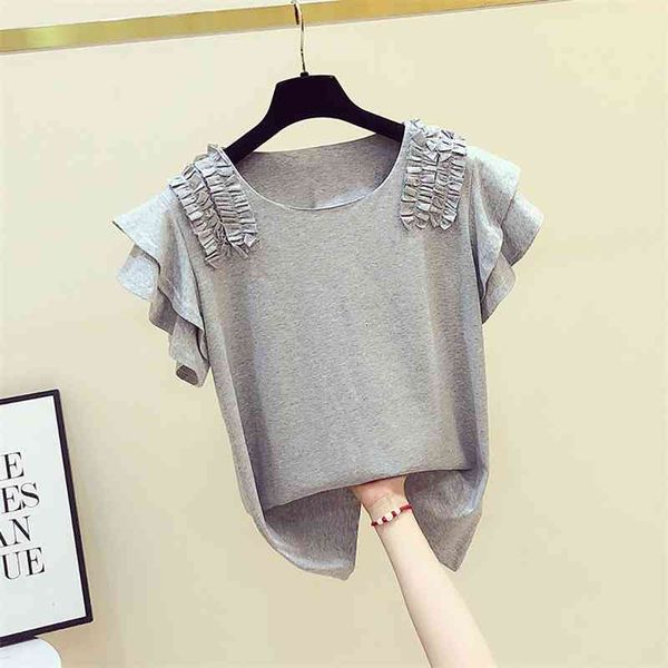 

women's t-shirt fashion ruffles sleeve cotton short t shirt woman appliques elegant baggy loose s-xl summer clothes for women, White