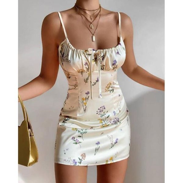 

casual dresses 2021 floral print backless women dress summer spaghetti strap bodycon short female lace up beach vestido, Black;gray