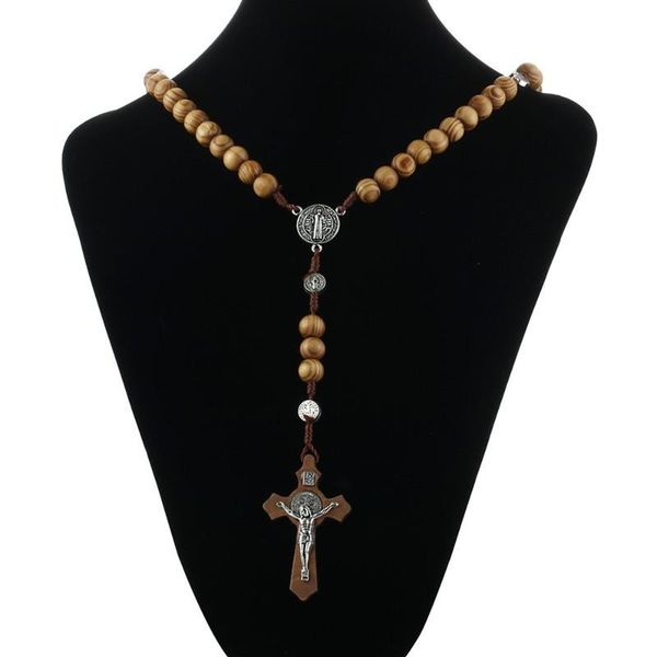 

pendant necklaces handmade round wooden beads rosary cross for women religious jesus jewelry mother gifts, Silver