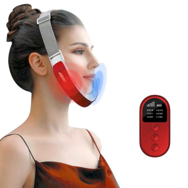 

face slimming vibration massager chin v-line up lift belt machine red blue led pon therapy facial lifting device v-face care electric massag