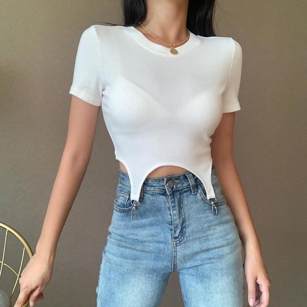 

women's t-shirt short empired cotton knitted women t-shirts solid o-neck high waist female pulls tees metal design outwear, White