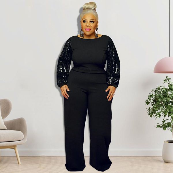

plus size pants women clothing long sleeve sequins jumpsuits ladies one piece outfits vintage elegance drop, Black