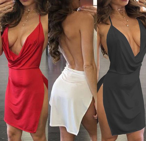 Verão Sólida Cor Branco Vinho Vermelho Backless Strap Vestidos Lado Aberto Deep V-Neck Sexy Temperamento Mini Vestido