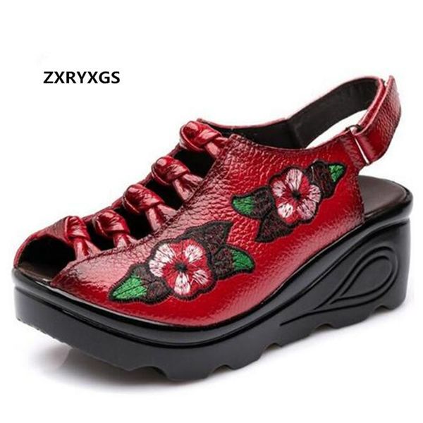 

brand sandals embroidered shoes woman fashion 2021 summer breathable genuine leather wedges women dress, Black