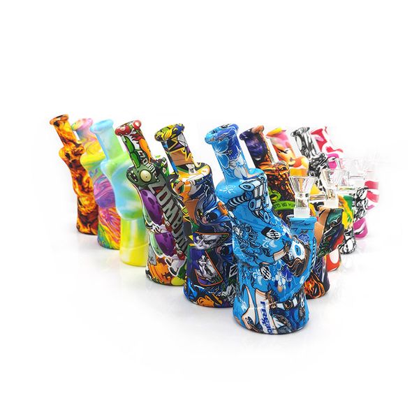 Silicone Plus Glass Water Bongs Tabaco Removível Percolator Hookah Multi Cartoon Impressão Dab Rigs Greater de ervas