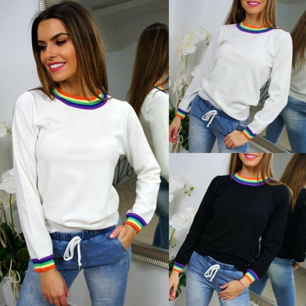 

women's t-shirt 2021 est fashion women long sleeve shirt rainbow printed crew neck tee, White
