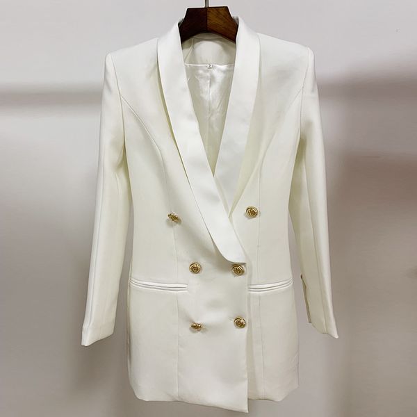 

designer blazer jacket women's lion buttons double breasted satin shawl collar long brazer 201012, White;black