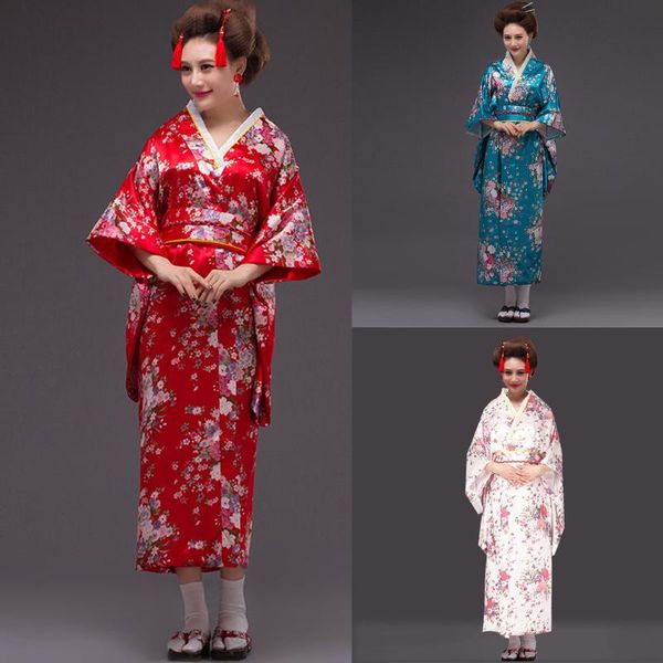 Lässige Kleider Japanische Stil Frauen Cosplay Kostüm Kleid mit Schärpen Retro Print V-Ausschnitt Flare Ärmel Kimono Performance Kleidung # T2G